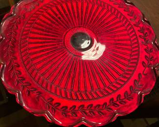 Ruby Red Glass footed trays in multiple sizes.