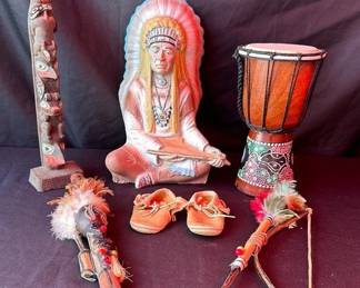 Native American totempole, drum and chief lot