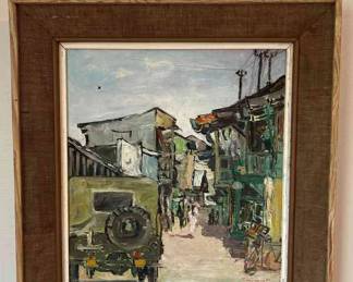Oil On Canvas Military Jeep In Town 