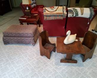 Wooden Childs Table and Chairs, Carved Swan