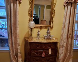 Louis XV Style Gold Gilt Mirror, Antique French Inlaid Louis XV style Marble Top Commode, Victorian Glass Oil Lamp converted to Electric