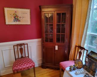 Vintage Craftique Mahogany Corner Cabinet, Vintage oriental Silk Embrodery Framed