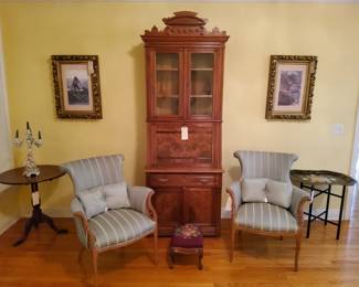 Mahogany Tilt Top Queen Ane Tri Leg Table, Pair of French Carved Side Chairs in Silk Striped Fabric, Antique Eastlake Cherry and Burl Wood, with possibly Pine, Secretary/Bookcase, Victorian Needle Point Ladies Stool, Pair of Heary Carved Gold Gilt Frames, Mahogany Tilt top Table, Vintage Tole Floral Tray Table