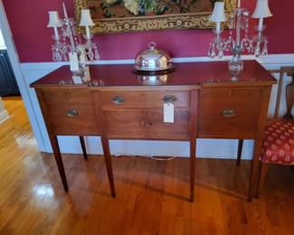 Antique American  Hepplewhite Sideboard with string Satinwood Inlay with a central drawer above two cabinets doors all Flanked by two Deep Wine Cabinets