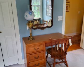 Vintage Desk with a Hitchcock Chair, Vintage Mahogany and Gold Gilt Mirror, Antique Brass Oil Lamp Converted to Electric