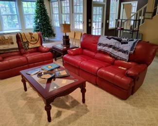 Reclining Sofa and Love Seat in Leather Match by English 