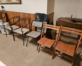 $6 ea black metal chairs, $3 folding chairs. SOLD- 2 wooden folding