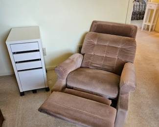 $30 White/Light grey Cupboard with 3 drawer & file cabinet drawer. $30 Tan recliner