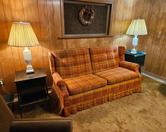 FREE- Orange Plaid Sleeper sofa, $35ea (2)White urn lamp