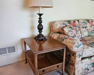 $40 lamp, SOLD-2 available) Sherrill Floral Couch, some cushion edges have wear. SOLD - MCM End table w/2 knobs