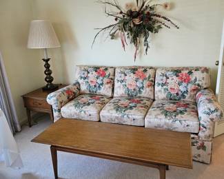 $40 Lamp, $16 floral arrangement , $50 ea (2 available) Sherrill Floral Couch, some cushion edges have wear. SOLD- MCM Coffee table, MCM End table w/ handle.