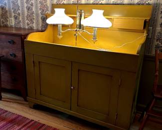 old painted dry sink & brass double student desk lamp