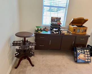 Upstairs items metal desk, antique bookstand /table, Philco turntable radio