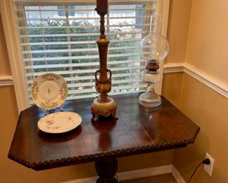 Antique tea table, alabaster antique lamp, pretty dishes, old lantern with unusual shade