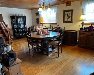 ROOM LOADED WITH TREASURES! OAK PEDESTAL TABLE, LADDER BACK CHAIRS (MORE CHAIRS THROUGHOUT THE HOME)