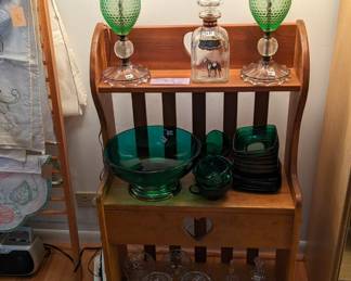 Antique lamps, vintage shelf and serve ware