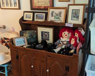 Vintage farmhouse wash cabinet, 3D artwork, Raggedy Ann/Andy dolls