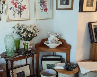 Stoneware crocks, vintage wash stand, wall art, vases