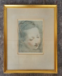 Romantic Portrait of Young Womens Head Lithograph Print Framed and Matted
