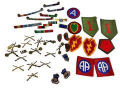 Big Collection of WW2 Era US Military Infantry Division Pins and Patches Including Lots of Ribbon Bars, 24th Infantry, The Rock of Chickamauga, 19th Infantry Pins, 25th Infantry, 1st Infantry, and More!
