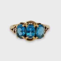 Fine 10K Yellow Gold Blue Topaz Three Stone Gemstone Ladies Ring Size 5
