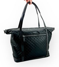 TUMI Black Leather Trim on Black Quilted Fabric Zip Top Travel Tote, No Shoulder Strap
