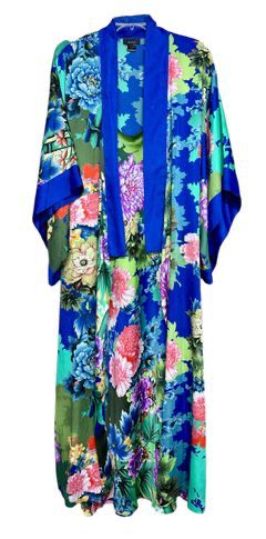 NATORI Blue/Green/Pink Peony Print Nightgown and Robe with Belt, Sz Medium
