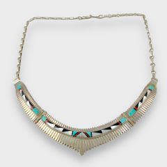Fine Jay Boyd Native AMerican Navajo Sterling Silver Channel Inlay Turquoise, Mother Of Pearl, Coral & Onyx Necklace
