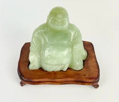 Vintage Carved Jade Buddha On Wooden Base Mini Figurine - 2.75 Inch Tall
