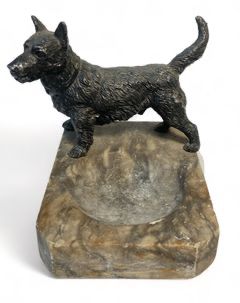 Antique Cast Metal Scottish Terrier Dog and Marble Ash Tray

