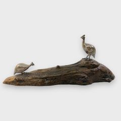 Patrick Mavros Zimbabwean Silver Cast Guinea Fowl On Wood Table Sculpture

