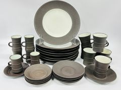 DANSK DESIGN DENMARK MCM Mid Century Modern MATTE BROWN 8 DINNER PLATES TEA; CUPS AND SAUCERS VARY IN SIZE
