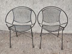 Pair Tempestini for Salterini Mid Century Modern MCM Iron Mesh Patio Arm Chairs
