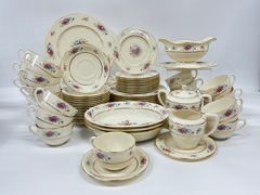 FINE LENOX J-300 PATERN LENOX ROSE SET IR DINNER PLATES BREAD & BUTTER & DESSERT OKATES PLUS SAUCERS AND CUPS CREAMER AND SUGAR AND GRAVY BOAT WITH SERVING BOWLS HUGE SET MORE THAN 30 PIECES

