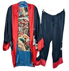 NATORI Silk Black/Red/Blue/Multi Kimono Robe, No Belt and Matching Drawstring Silk Pajama Pants, Sz Medium
