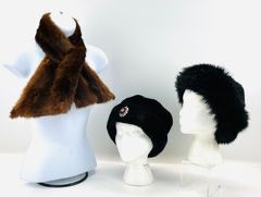 Vintage Leprechaun Sheepskin Co. Black Genuine Sheepskin Hat, Cejon Black Hat W Floral Broach And Brown Mink Collar Assorted High End Hats And Collar Lot
