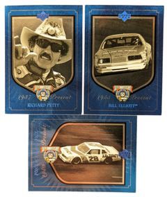 Richard Petty, Bill Elliott, and Pontiac Grand Prix Upper Deck NASCAR 50th Anniversary Blue Foil Trading Cards
