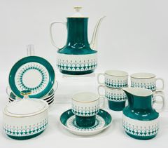 Rare Fine Vintage Hollohaza Hungarian porcelain tea/ coffee set with pot, creamer, sugar bowl, saucers and cups in dark teal /white delicate pattern with gold detailing
