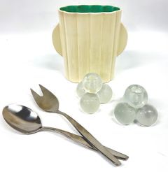 MCM Mid Century Modern Lot SWEDISH GUSTAV STAINLESS STEEL SALAD SPOON & FORK WITH RED WING VASE MCM ART POTTERY VASE & PAIR OF MCM GLASS CANDLE STICK HOLDERS
