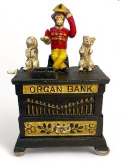 VINTAGE KYSER & REX CAST IRON MECHANICAL BANK MONKEY ORGAN BANK 1882
