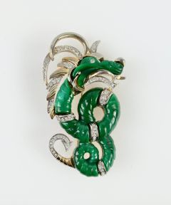 Fantastic Attributed To Hattie Carnegie Sea Dragon Faux Malachite, Goldtone, and Crystal Pin
