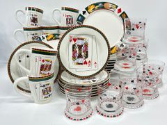 Vintage Blackjack, Playing Card Motif CASINO DINNER PLATES BOWLS DESSERT PLATES MUGS AND CLASS OLD FASION CUPS
