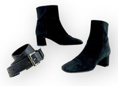 PRADA Black Suede Chunky Heel Zip Booties, Made in Italy. Size 39.5. Prada Embossed Leather Belt, Size 36

