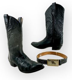 LARRY MAHAN Black on Black Cowboy Boots, SZ 11 D . LATI-STITCH White on Black Leather Belt with THE LYNTONE CO Nickel Belt Buckle, Made in Oklahoma City, Oklahoma
