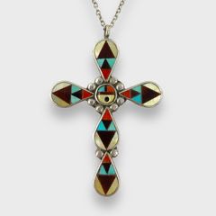 Fine Native American Zuni Pawn Silver Channel Inlay Pendant Necklace New Mexica
