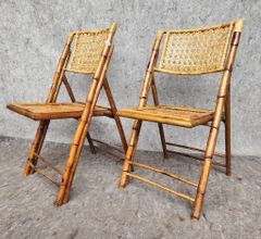 Pair Vintage Bamboo Chairs and Rattan Folding Side Chairs
