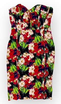VERONICA BEARD Red/Lime/Black Floral Strapless Dress with Black Zipper Detail, Sz 12
