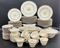 Fine Syracuse Old Ivory China Dinner Plates, Salad Plates, Soup Bowls, Saucers, Tea Cups, Desserts Plates, Gravy Bowl, Lidded Tureen, and Trays
