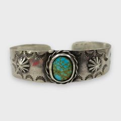 Fine Pawn Silver Native American Navajo Turquoise Stampwork Cuff Bracelet
