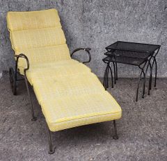 Vintage Garden Patio Iron Mesh Chaise Lounge and Nesting Tables
